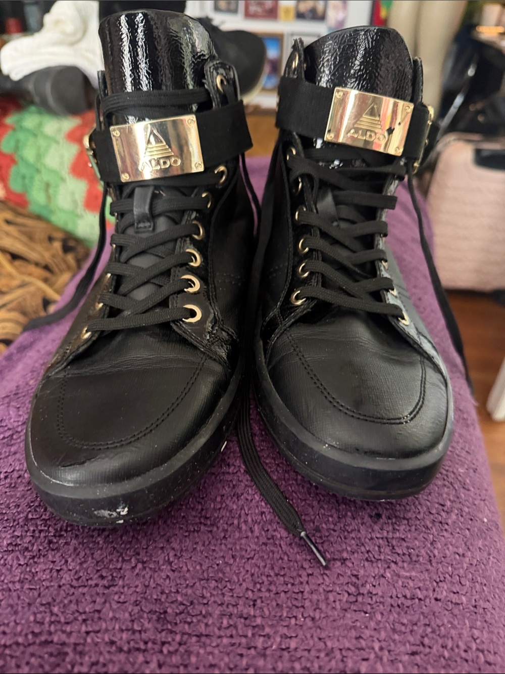 ALDO Black Lace-Up High-Top Boots with Gold Plate